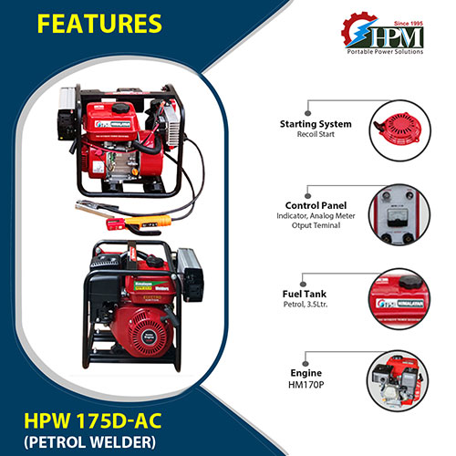 175 Amps Petrol Welding Generator , 1 KVA  AC Output, Model HPW-175D-AC, Recoil Start