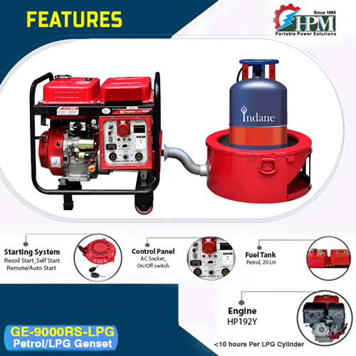 10 KVA Portable Generator, Model Silent GE-9000RS-LPG, Petrol & LPG RUN, Recoil & Self Start