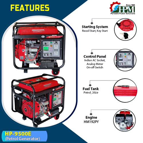 7 KVA Portable Generator, Petrol Run, Model HP-9500E, Recoil & Self Start